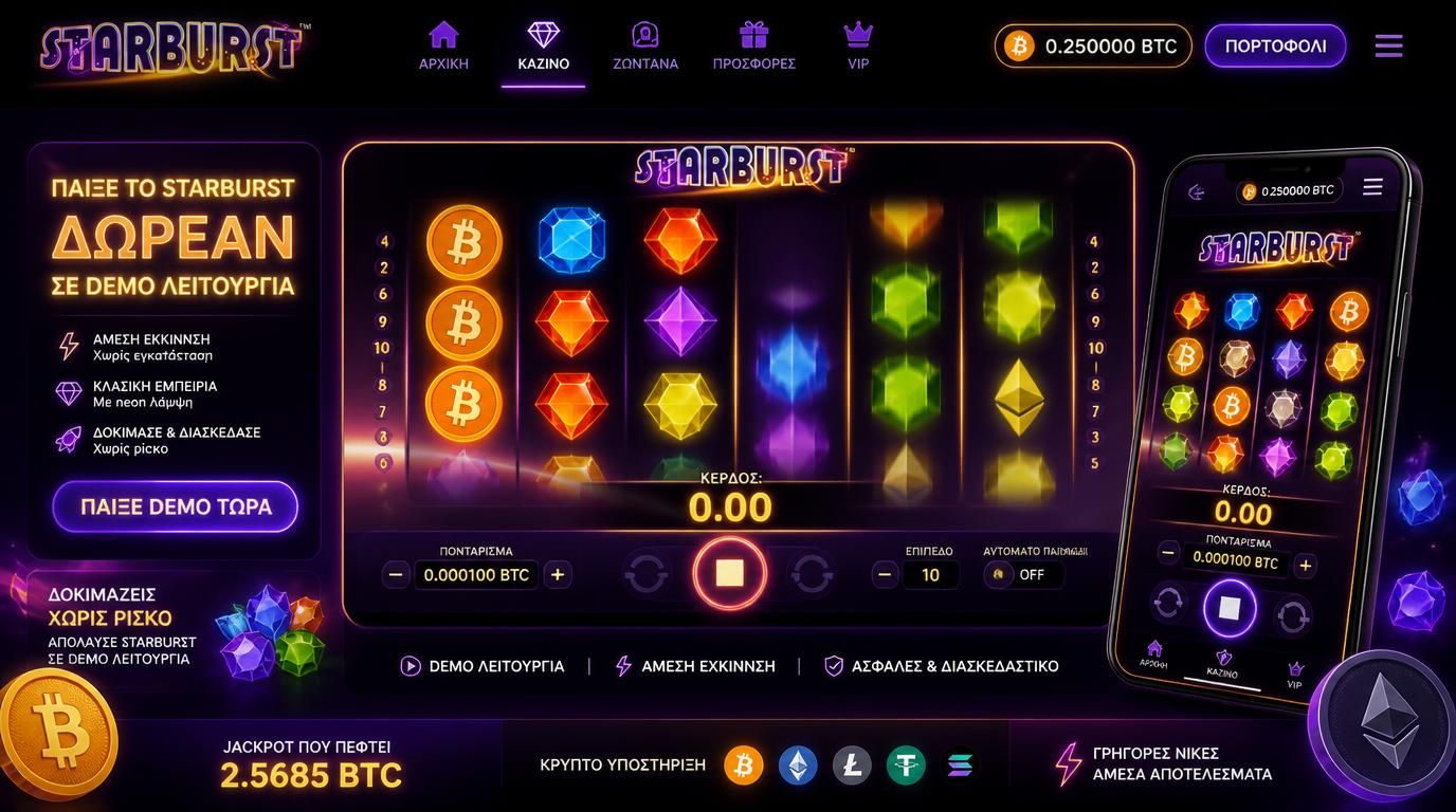 χρήστης ξεκινά παιχνίδι Starburst χωρίς εγγραφή με μορφή demo σε κινητό/pc